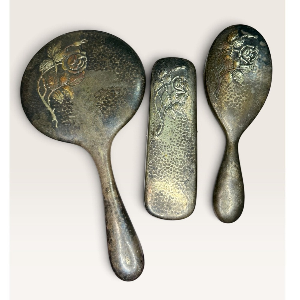 Antique Three Piece Vanity Set Silver Plated Metal Alpaca Embossed Floral Design